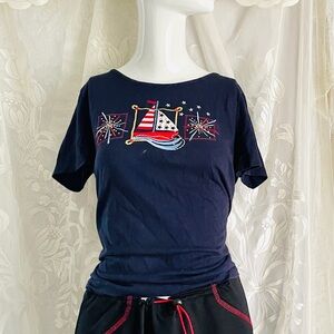 Breckenridge Fireworks Bejeweled Embroidered Navy Top